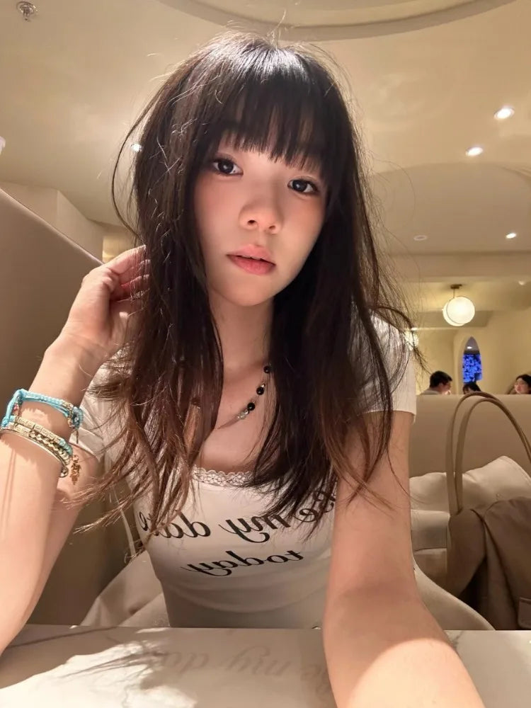 Harajuku u Hals Spitze süße Ernte T-Shirts Frauen schlanken Brief druck y2k ästhetische T-Shirts lässig Vintage Grunge Bottom ing T-Shirts So ist Leben