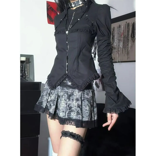 Japanischer Gothic-Lolita-Stil Rock-Sets für Damen, Vintage-Flare-Ärmel, schmales Hemd, dunkler Druck, plissierte Miniröcke, Y2K-Outfits für Frauen So ist Leben