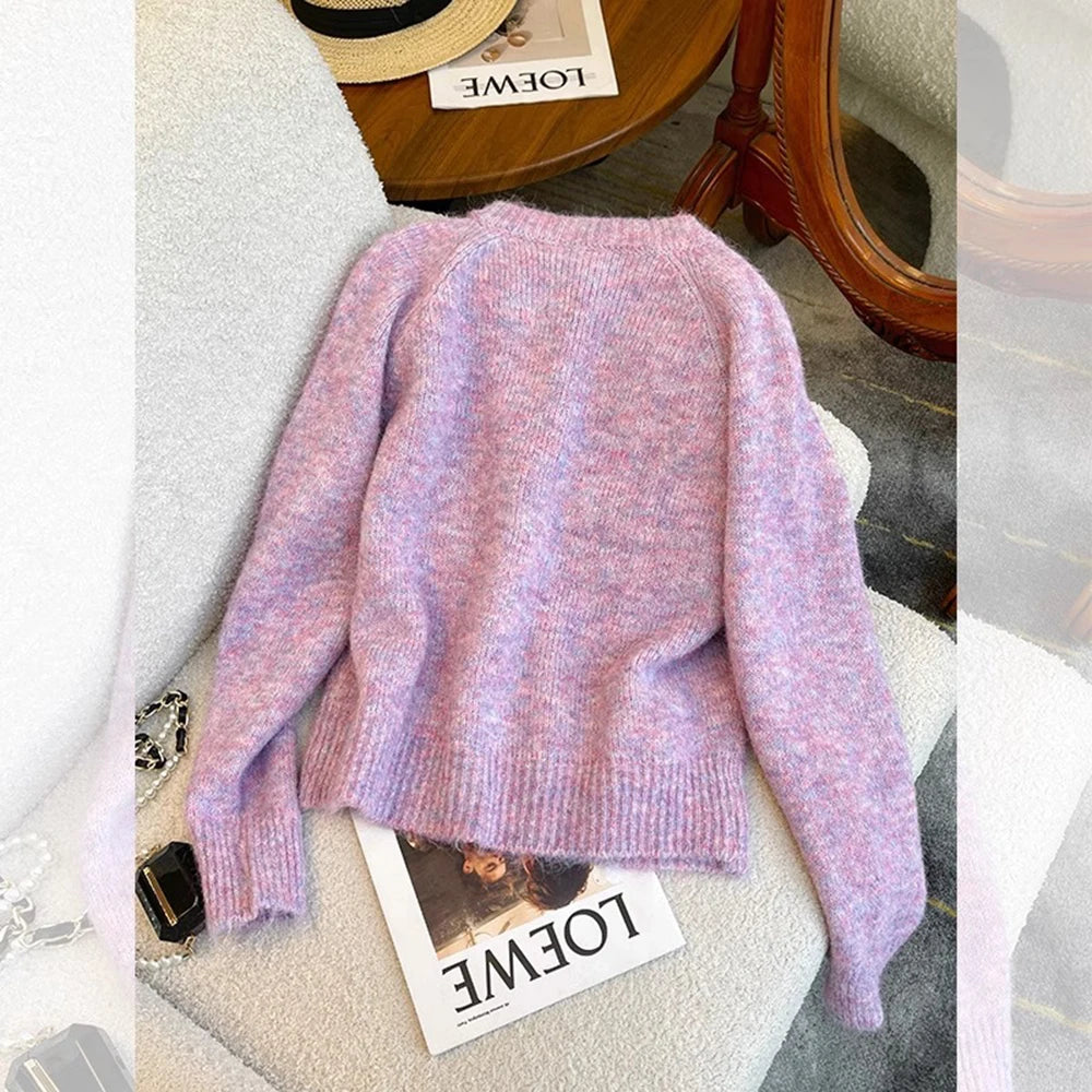 Weicher lila Strickpullover für Damen, 2025, neuer Frühling und Herbst, einreihig, O-Ausschnitt, kurze Strickjacke, Langarm-Tops So ist Leben