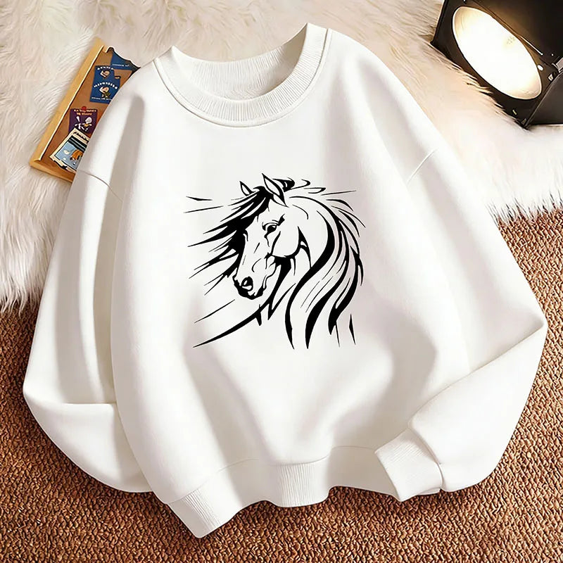 Lustiger Pullover mit künstlerischer Pferdemotiv-Grafik für den Frühling, Rundhals-Hoodie mit Grafikdruck, Kapuzenpullover für Jungen/Mädchen, Kinder-Sweatshirt So ist Leben