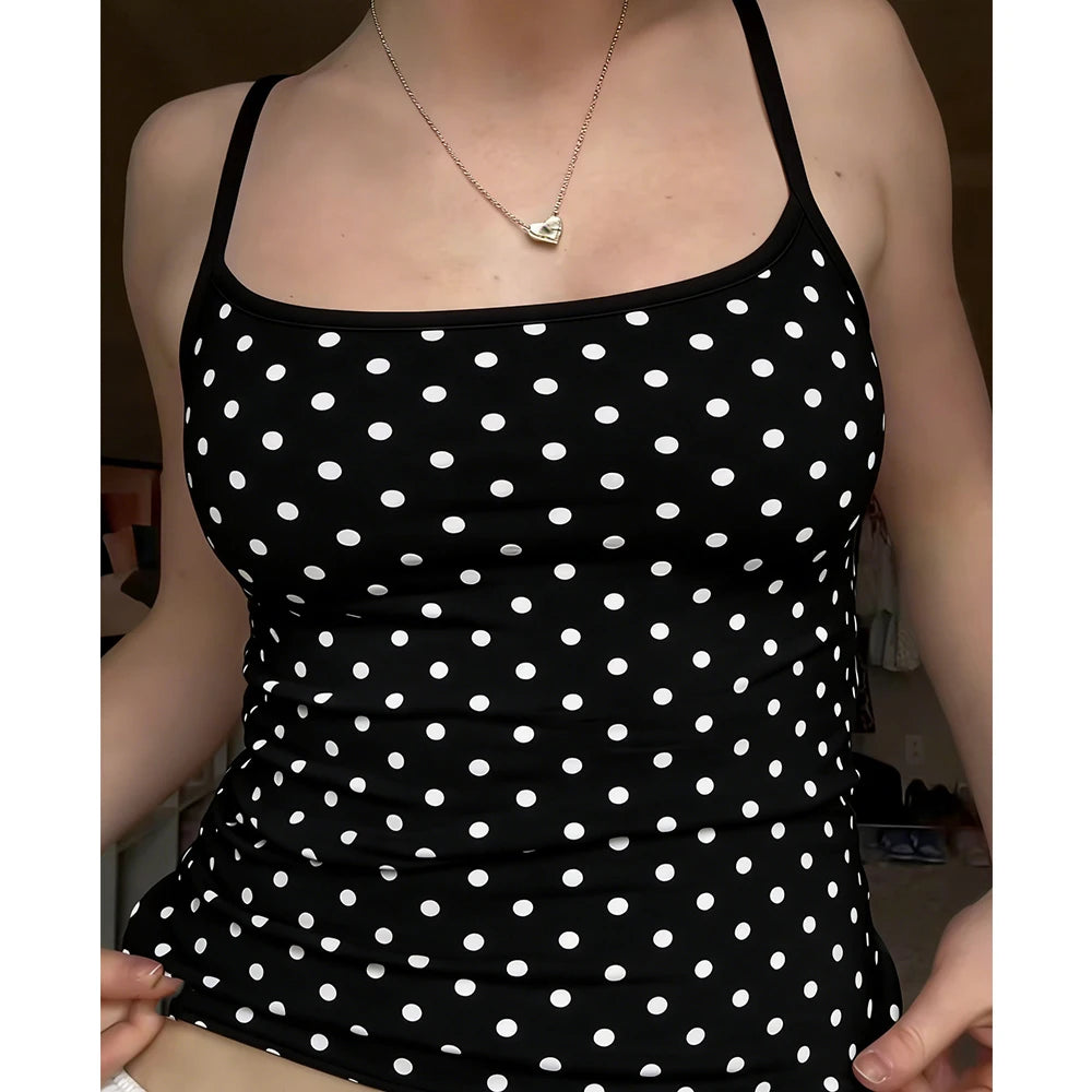Damen Sommer Süße Sexy Polka Dot Tanktops Ärmellos mit Spaghettiträgern für Ausgehen Basic Slim Fit Crop Tops Camisole Streetwear So ist Leben