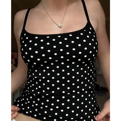 Damen Sommer Süße Sexy Polka Dot Tanktops Ärmellos mit Spaghettiträgern für Ausgehen Basic Slim Fit Crop Tops Camisole Streetwear So ist Leben