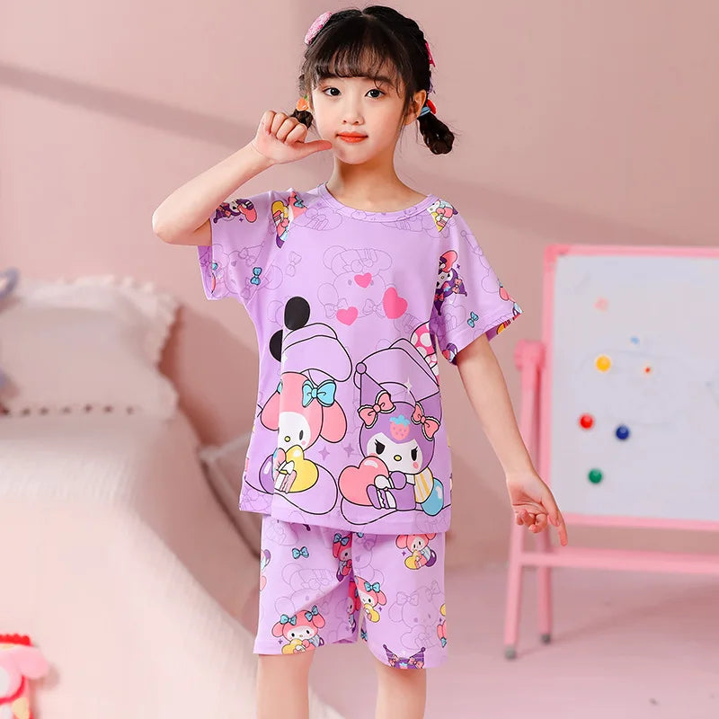 Anime 2Pcs Hallo Kitty Kuromi Kinder Pyjama Sets Sanrios Cartoon Mädchen Eis Seide Revers Kurzarm T-Shirt Tops Hosen pijamas Set