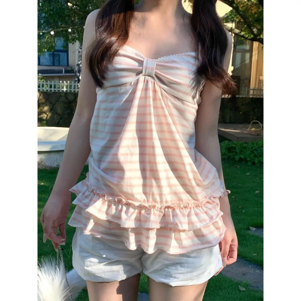 Deeptown Japanische Süße Camis Frauen Kawaii Gestreifte Rosa Schleife Ärmellose Weste Coquette Mode Niedlichen Sommer Slim Up Rüschen Tanks So ist Leben