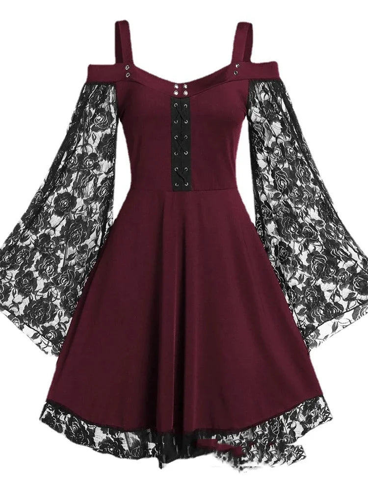 2022 neue Gothic Eine-schulter Spitze Nähte Ausgestellte Ärmel Kleid Literarischen Vintage Herbst Grunge Schwarz A-line Kleid Punk Party So ist Leben