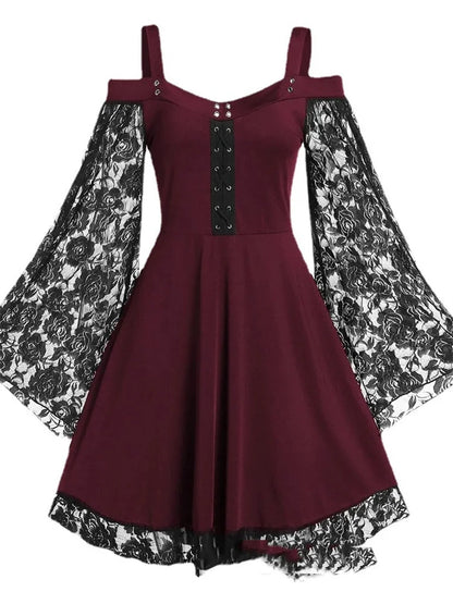 2022 neue Gothic Eine-schulter Spitze Nähte Ausgestellte Ärmel Kleid Literarischen Vintage Herbst Grunge Schwarz A-line Kleid Punk Party So ist Leben