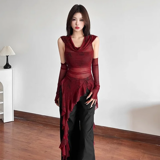 Gothic Mesh Top mit Kapuze – Modernes Y2K Design - So ist Leben