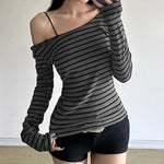 Frühling Herbst Damen Neue japanische Grundmodelle Schlankes langärmeliges gestreiftes T-Shirt Trägerloses koreanisches Street Style y2k dünne Tops So ist Leben