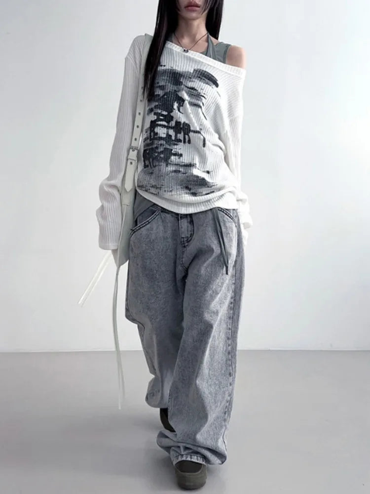 Herbst Harajuku Frauen Druck Tees Vintage Streetwear Grunge Skew Kragen Tops Y2k Ästhetischen Lose Beiläufige Hiphop Vintage Tops So ist Leben