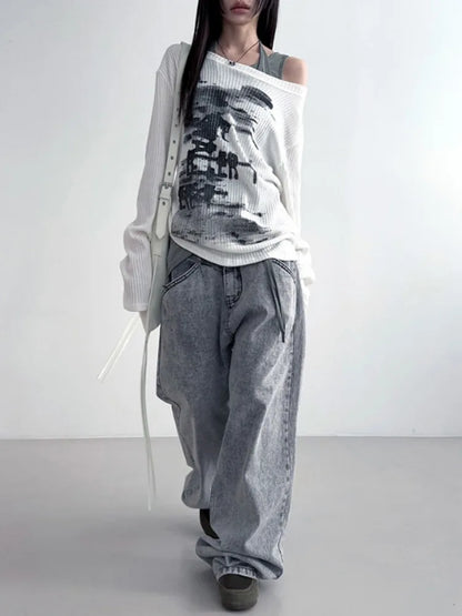 Herbst Harajuku Frauen Druck Tees Vintage Streetwear Grunge Skew Kragen Tops Y2k Ästhetischen Lose Beiläufige Hiphop Vintage Tops So ist Leben