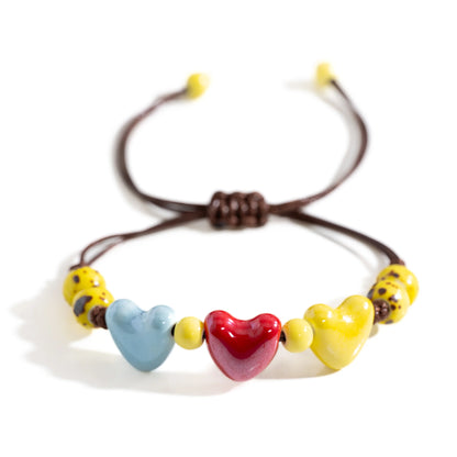 Handgefertigtes mehrfarbiges dreifaches Herz-Armband aus Keramik, verstellbare Wachsschnur, minimalistischer Boho-Stil für Paare und Freunde So ist Leben