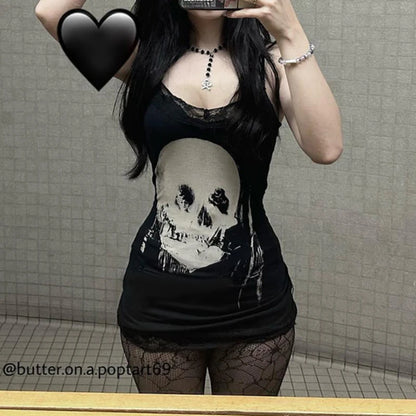 2024 neue Retro Punk Gothic Kleid Frauen Streetwear Harajuku Schädel gedruckt ärmellose hohe Taille Bodycon Kleid Grunge Rave Outfits So ist Leben
