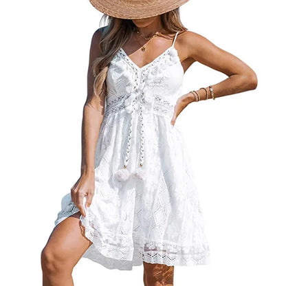 Minikleid Damen Sling-Kleider Spitze Weiß A-Linie Vestidos Quaste Y2k Streetwear V-Ausschnitt Ärmellos Elegant Splice Sommer 2025, So ist Leben