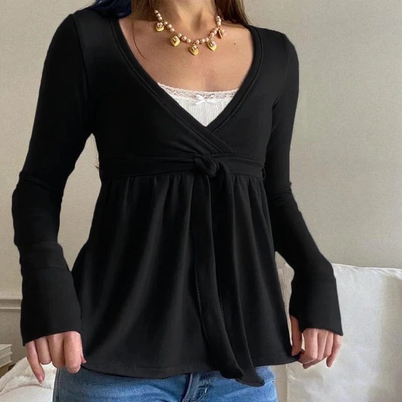 Frauen Fee Y2k Cottage T-shirt Kokette V-ausschnitt Langarm Babydoll Tees Herbst Frühling Casual Pullover Tops Vintage Kleidung So ist Leben