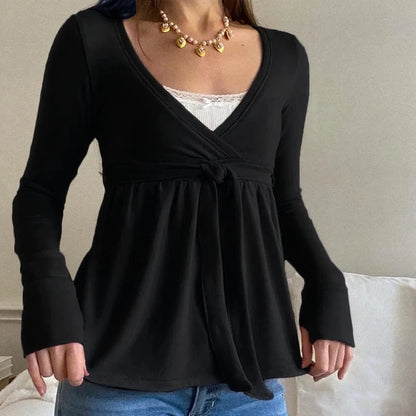 Frauen Fee Y2k Cottage T-shirt Kokette V-ausschnitt Langarm Babydoll Tees Herbst Frühling Casual Pullover Tops Vintage Kleidung So ist Leben