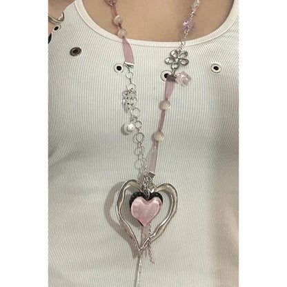 Y2K Schmuck Rosa Herz Polka Dot Blume Anhänger Halskette für Frauen Vintage Kawaii Zubehör Kette Punk Koreanische Mode Halskette - So ist Leben