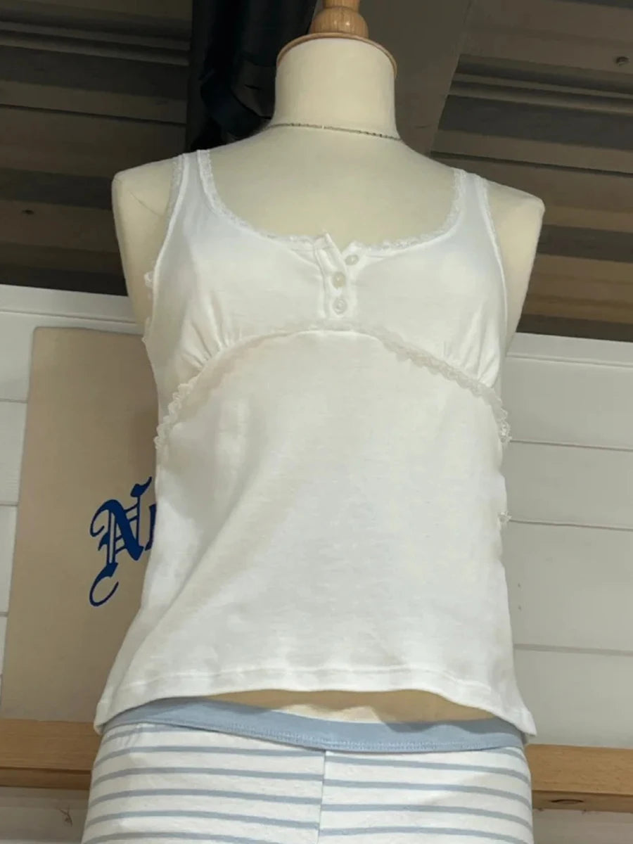 Spitzen-Patchwork Slim Tanktops für Damen, Sommerliche Einfarbige Weiche Baumwoll-Ärmellose Westen, Vintage Chic Süße Y2K Camisole So ist Leben