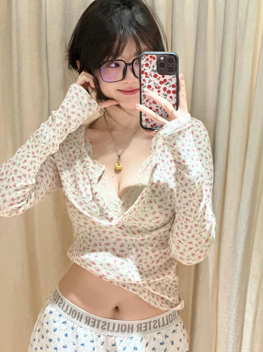 Rosa Blumen Waffel Langarm T-Shirt Frau Frühling Knöpfe Rundhals Baumwolle Slim T-Shirt Süßes süßes T-Shirt im Preppy-Stil Y2k So ist Leben