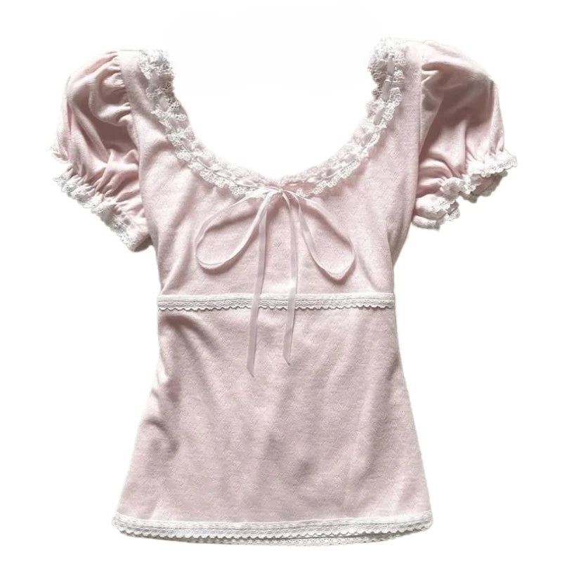Deeptown Coquette Süße T-shirts Frauen Rosa Kawaii Bogen Elegante Kurzarm T-shirts Koreanische Mode Spitze Patchwork Dünne T-Shirts So ist Leben