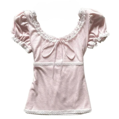 Deeptown Coquette Süße T-shirts Frauen Rosa Kawaii Bogen Elegante Kurzarm T-shirts Koreanische Mode Spitze Patchwork Dünne T-Shirts So ist Leben