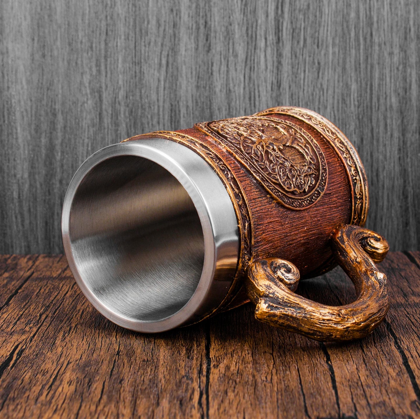 Neue Wikinger Baum des Lebens Tasse 3D Harz Becher 304 Edelstahl Tankard Nordic Dekor Stein Kaffeetasse Männer Geschenk So ist Leben