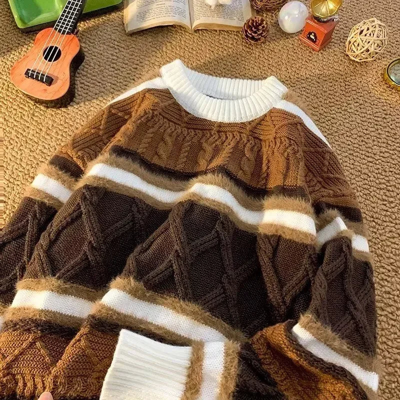 Winter Y2K Vintage Gestreifter Pullover Für Mann 2025, Neue Patchwork Baggy Gestrickte Pullover Koreanische Mode Streetwear Strickwaren Jersey So ist Leben
