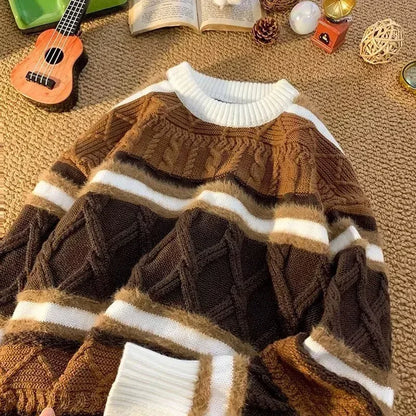 Winter Y2K Vintage Gestreifter Pullover Für Mann 2025, Neue Patchwork Baggy Gestrickte Pullover Koreanische Mode Streetwear Strickwaren Jersey So ist Leben