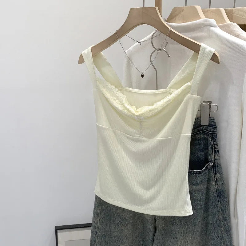 Süße Spitzenweste mit quadratischem Kragen für Damen, Sommer-Oberbekleidung, einzigartiges, schönes Anti-Aging-Trägertop, modischer Pendler-Stil So ist Leben