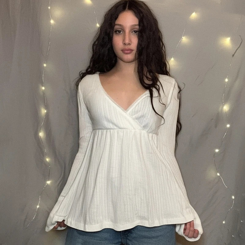 Frauen Fee Y2k Cottage T-shirt Kokette V-ausschnitt Langarm Babydoll Tees Herbst Frühling Casual Pullover Tops Vintage Kleidung So ist Leben