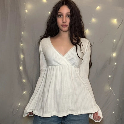 Frauen Fee Y2k Cottage T-shirt Kokette V-ausschnitt Langarm Babydoll Tees Herbst Frühling Casual Pullover Tops Vintage Kleidung So ist Leben