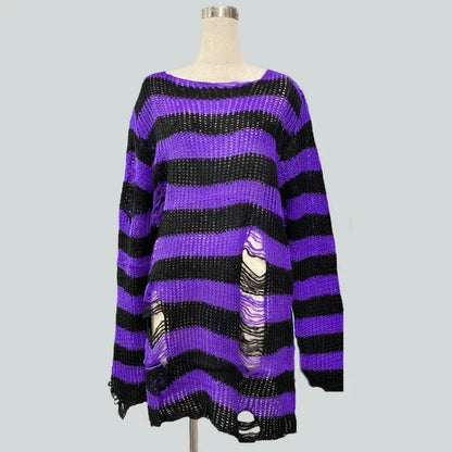 Goth Punk Gothic Pullover Übergroße Pullover Frauen Gestreiften Cool Aushöhlen Loch Gebrochen Jumper Harajuku Ästhetik Pullover So ist Leben