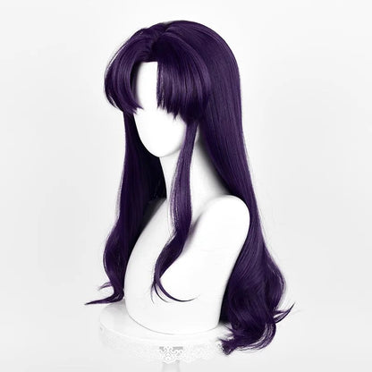 Anime EVA Katsuragi Misato Cosplay Perücke 55 cm Lange Perücke Schwarz Lila Lockiges Haar Hitzebeständige Synthetische Perücken Halloween Party So ist Leben