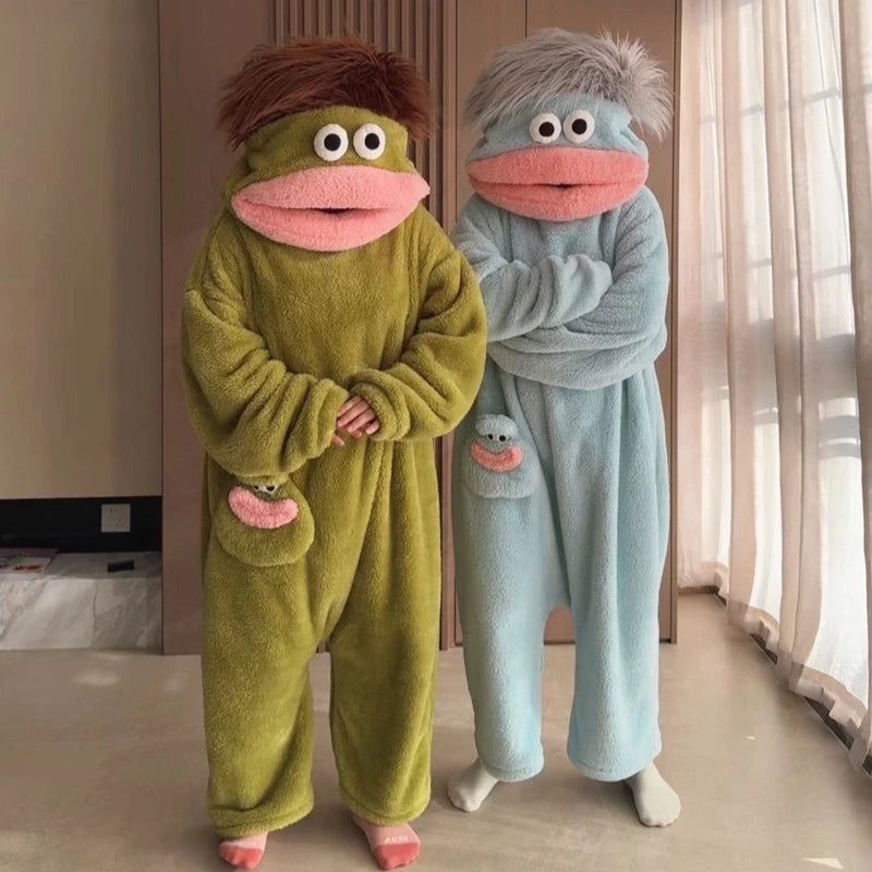 Generisches Big Mouth Monster Coral Fleece Onesie Pyjama Winter Dick Warm Hässlich Niedlich Lustig Haariger Erwachsenen-Loungewear Grün Hellblau So ist Leben