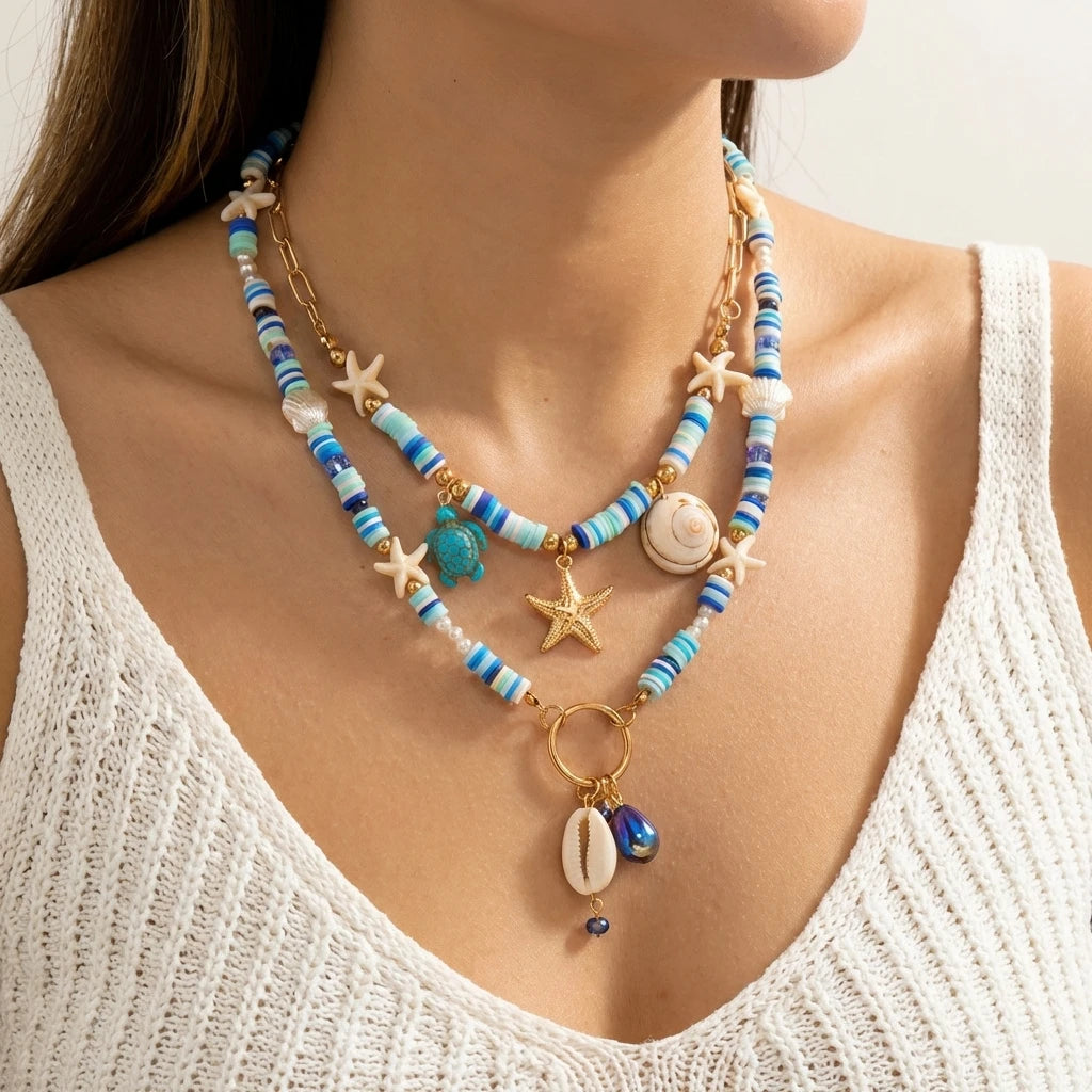 Böhmische Vintage Muschel Seestern Schildkröte Mehrschichtige Halskette für Frauen Ethnische Handgemachte Blaue Perlenketten Sommer Strand Schmuck So ist Leben