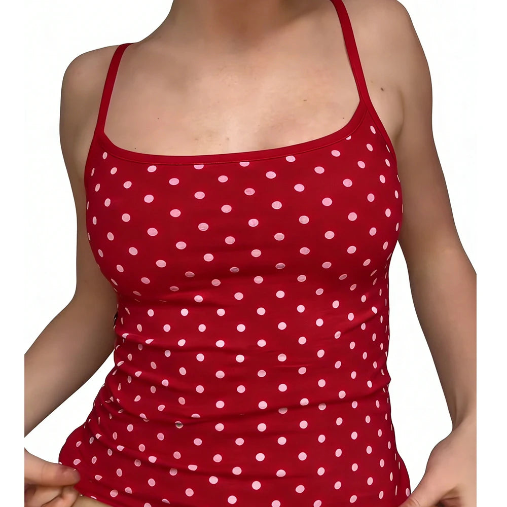 Damen Sommer Süße Sexy Polka Dot Tanktops Ärmellos mit Spaghettiträgern für Ausgehen Basic Slim Fit Crop Tops Camisole Streetwear So ist Leben