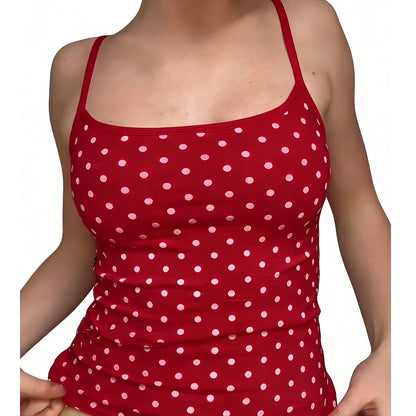 Damen Sommer Süße Sexy Polka Dot Tanktops Ärmellos mit Spaghettiträgern für Ausgehen Basic Slim Fit Crop Tops Camisole Streetwear So ist Leben