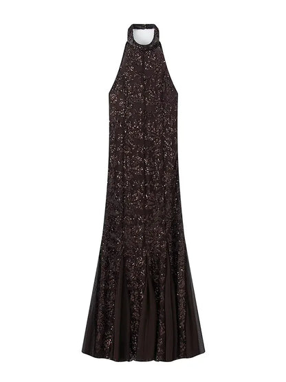 HH Damen Neues Modisches Abendkleid Sommer Ärmellos Rückenfrei Pailletten Bestickt Neckholder Dekoration Sexy Langes Kleid So ist Leben