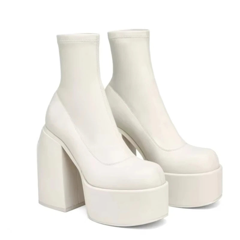 Damen Stiefeletten Mode Plateauschuhe Blockabsätze Damenstiefel Einfarbige Damen Pumps Sexy Lederstiefel Karree Botas So ist Leben