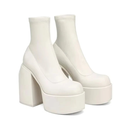 Damen Stiefeletten Mode Plateauschuhe Blockabsätze Damenstiefel Einfarbige Damen Pumps Sexy Lederstiefel Karree Botas So ist Leben
