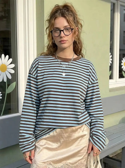 Frauen Langarm Shirts Rundhals Lose Sweatshirts Damen Herbst Casual Gestreiften Top Streetwear So ist Leben