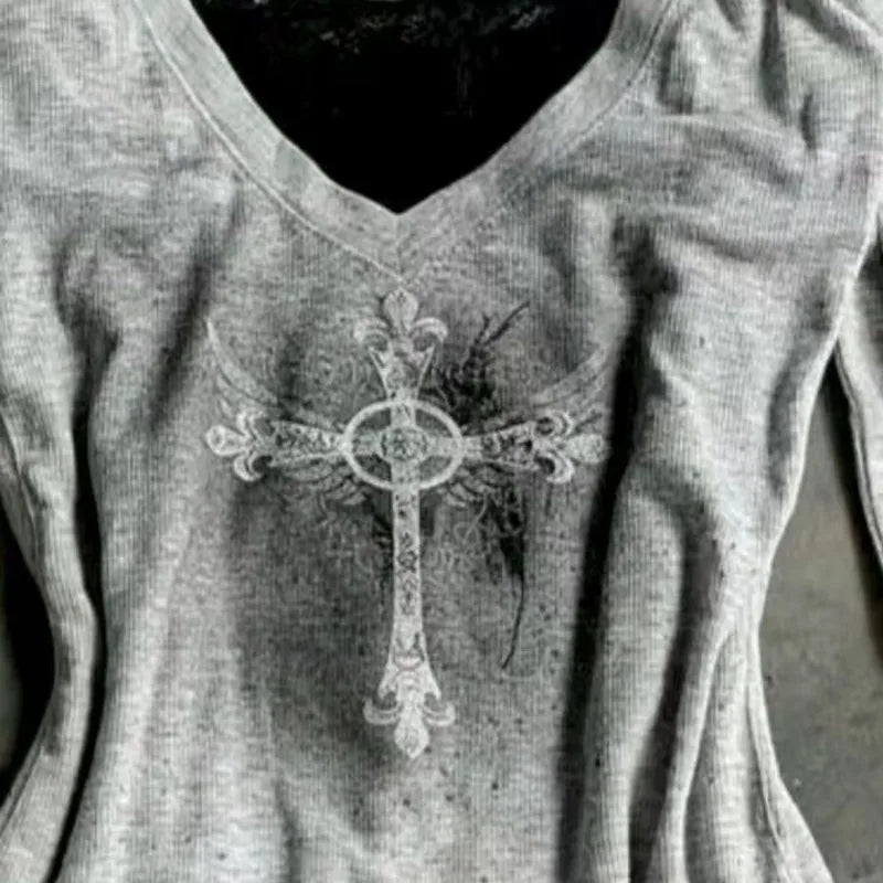 Deeptown Y2k Grau Gothic Grafik Damen T-Shirts Grunge Vintage Hollow Out V-Ausschnitt Langarm T-Shirts Slim Punk Gyaru Streetwear So ist Leben