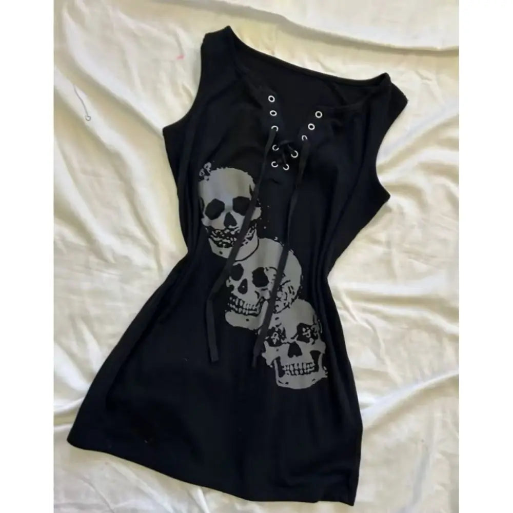 Punk-Weste mit Totenkopf-Print, Damen Slim Y2K 2000er Tanktop, Gothic Vintage Riemen-Streetwear, Ästhetik Harajuku Hot Girl Emo T-Shirts Sommer So ist Leben