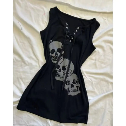 Punk-Weste mit Totenkopf-Print, Damen Slim Y2K 2000er Tanktop, Gothic Vintage Riemen-Streetwear, Ästhetik Harajuku Hot Girl Emo T-Shirts Sommer So ist Leben