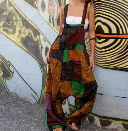 2024 Damen neuer Hip-Hop-Overall, heißer Stil, Hippie-Nähte, ethnischer Druck, ärmellos, lockere Haremtasche, Overalls, Grün So ist Leben