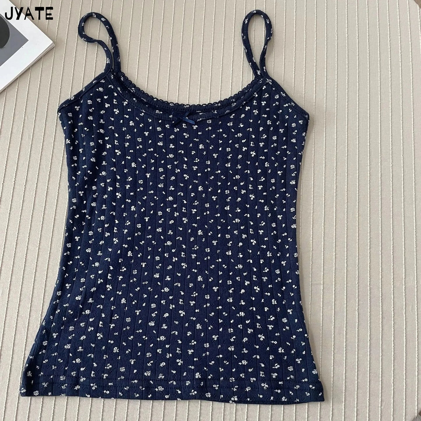 Süße Blumendruck Öse Schleife abgeschnittene Westen Frauen Baumwolle beiläufige dünne Spitzenbesatz Tank Tops Vintage Adrette süße Leibchen Y2K So ist Leben