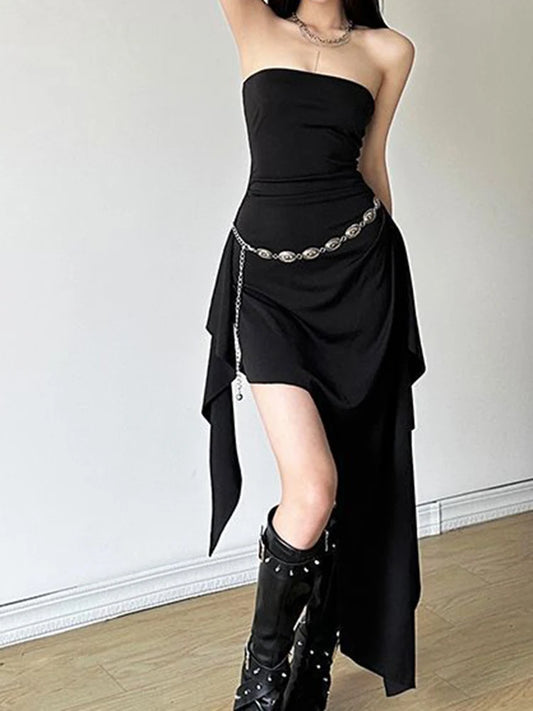 Y2K Unregelmäßige Schwarz Midi Kleid Frauen Mode Party Schlank Brust Wrapping Kleider Sexy Off Schulter Schlitz Weibliche Vestidos Neue So ist Leben