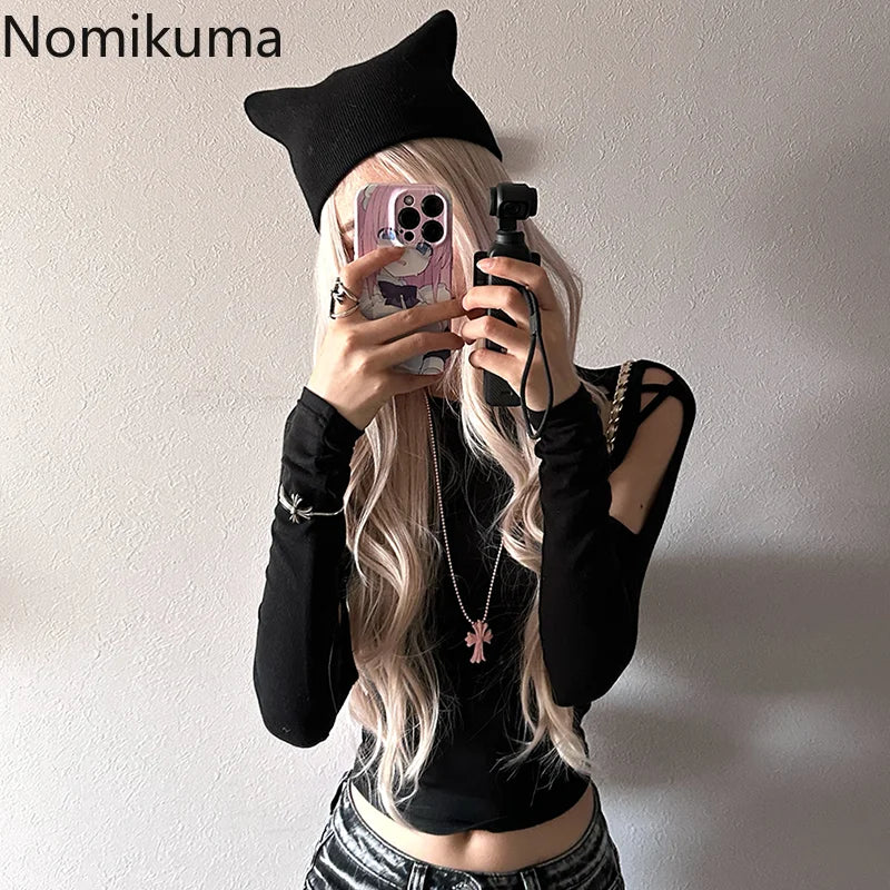 Crop Tops T-shirts für Frauen Oansatz Langarm Schwarz Tees Mode Lässig Koreanische Camisetas Y2k Top Aushöhlen Sexy Sommer T-shirt So ist Leben