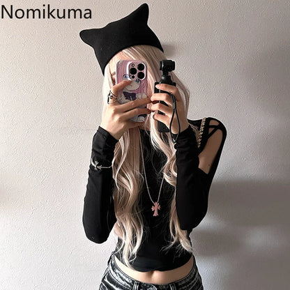 Crop Tops T-shirts für Frauen Oansatz Langarm Schwarz Tees Mode Lässig Koreanische Camisetas Y2k Top Aushöhlen Sexy Sommer T-shirt So ist Leben