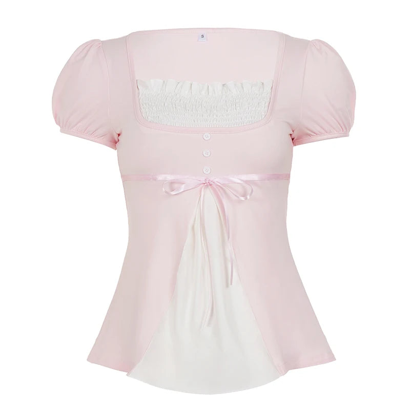 [RUOKE] Lässiges Y2K-Top in Kontrastfarbe für Damen, Frühling, Sommer, quadratischer Ausschnitt, Puffärmel, Schleife, schmale A-Linie, Babydoll-Bluse, süße Coquette So ist Leben