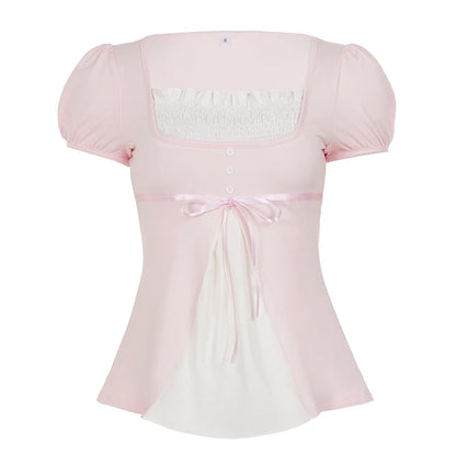 [RUOKE] Lässiges Y2K-Top in Kontrastfarbe für Damen, Frühling, Sommer, quadratischer Ausschnitt, Puffärmel, Schleife, schmale A-Linie, Babydoll-Bluse, süße Coquette So ist Leben